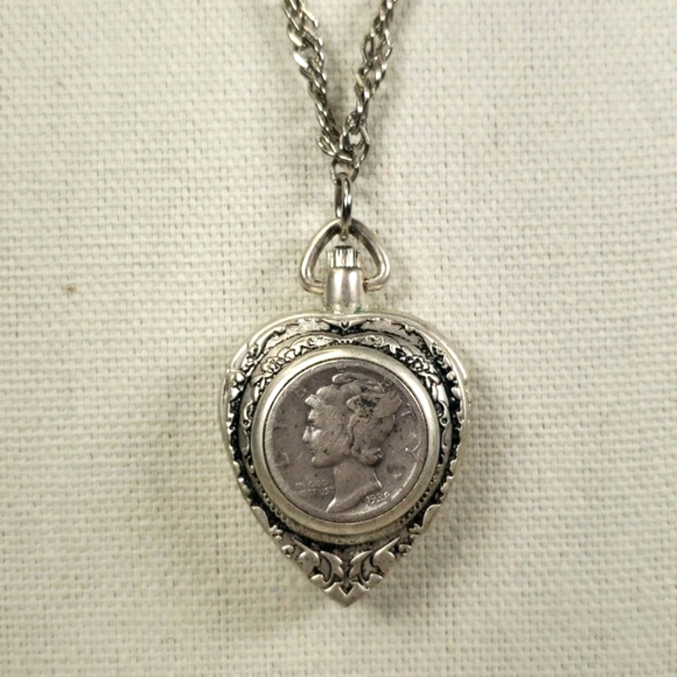 Vintage Sterling Silver 1938 Mercury Dime Heart Watch Pendant With 28 Inch Chain